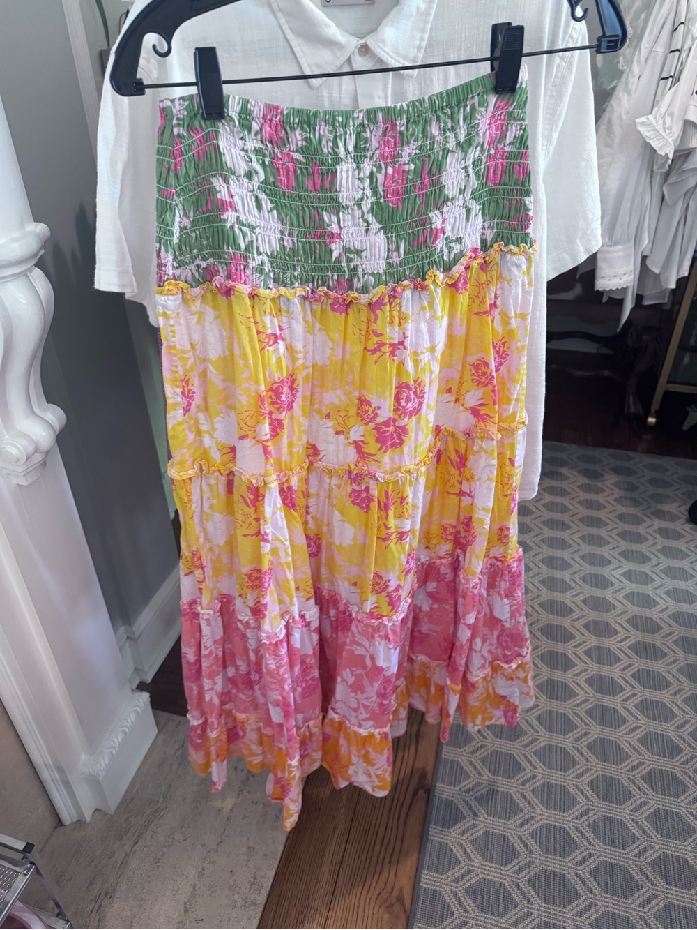 Tiered Floral Maxi Skirt with Smocked Waist - Yellow, Pink & Green